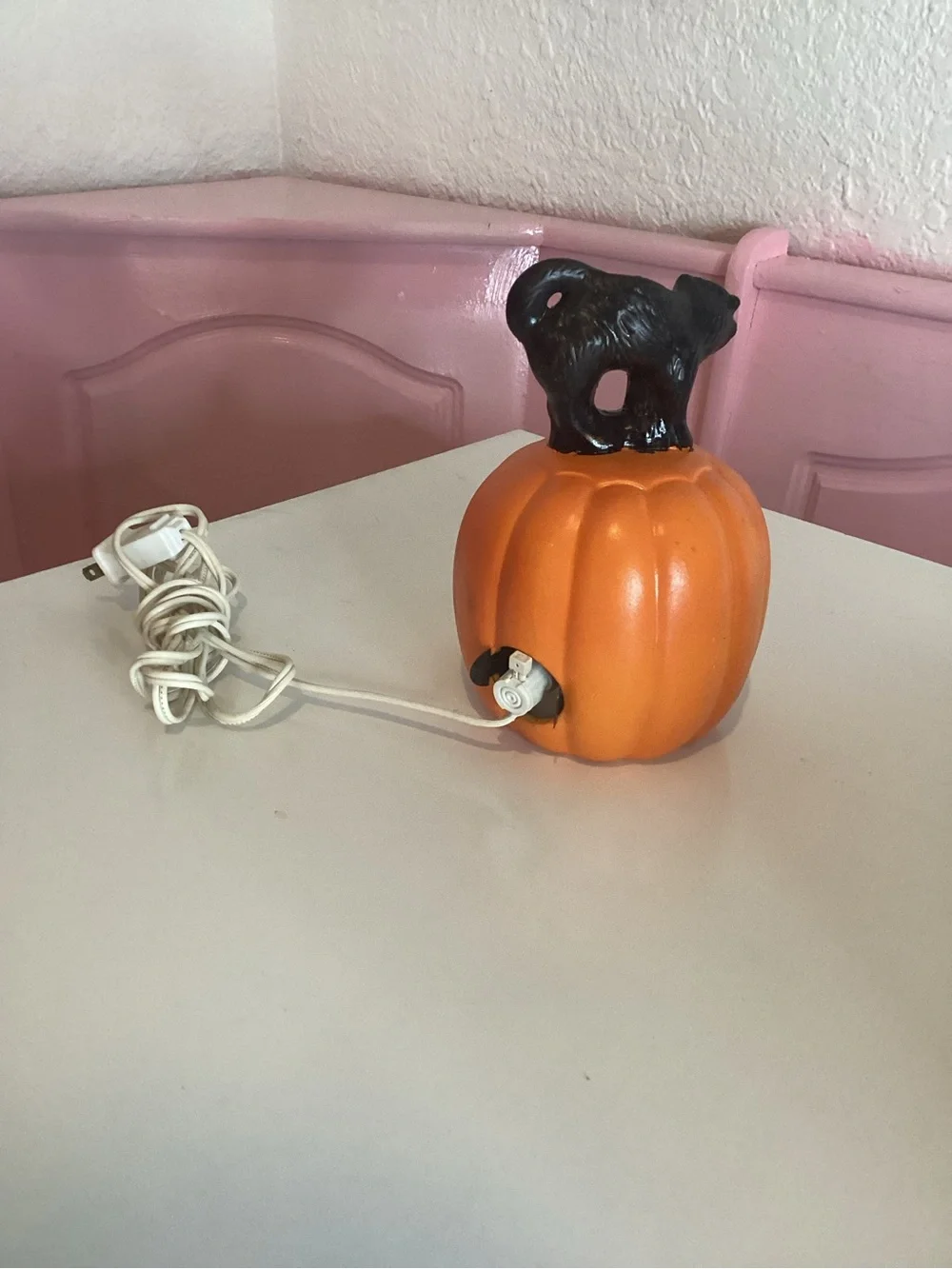 Vintage Black Cat Ceramic Halloween Light-Up Pumpkin Jack-O'-Lantern W/ Box